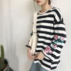 Flower Embroidered Striped Long Sleeve T-shirt