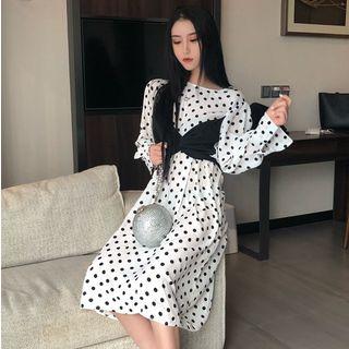 Long-sleeve Dotted Mock Two-piece Chiffon Dress