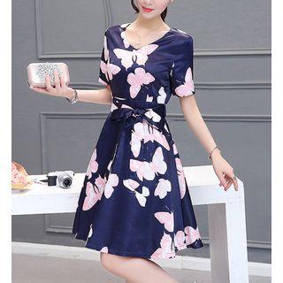 Butterfly Print Short-sleeve A-line Dress