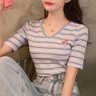 Pinstriped V-neck Top As Shown In Figure - One Size
