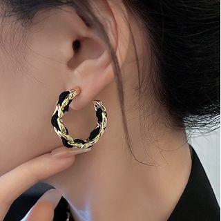 Faux Leather Alloy Open Hoop Earring 1 Pair - Gold & Black - One Size