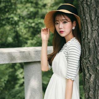 Frayed Elbow-sleeve Stripe T-shirt