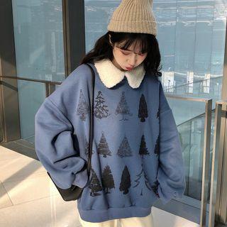 Collared Christmas Tree Print Pullover