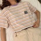 Short-sleeve Striped Floral Embroidered T-shirt