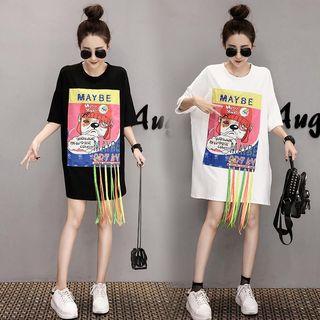 Fringed Tasseled Elbow Sleeve T-shirt Dress