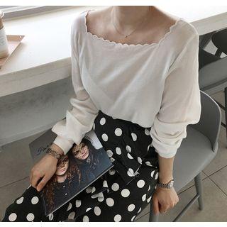 Scallop-neckline Long-sleeve Top