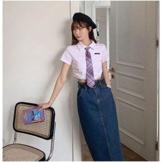 Embroider Cropped Shirt With Plaid Tie