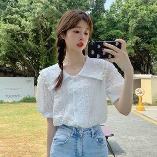 Puff-sleeve Doll-collar Ruffle Trim Blouse