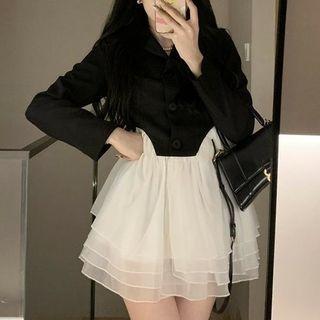 Mock Two-piece Two-tone Mesh Panel Mini Blazer Dress
