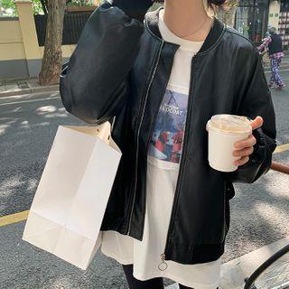 Pu Leather Loose-fit Baseball Jacket