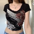 Printed Rhinestone Round Neck Short Sleeve Cropped Top