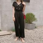 V-neck Double-breasted Jumpsuit Black - One Size