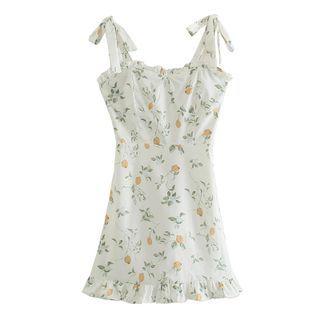 Tie-strap Floral Print Frill Trim Mini Sheath Dress