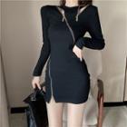 Long-sleeve Zip Detail Mini Sheath Dress Black - One Size