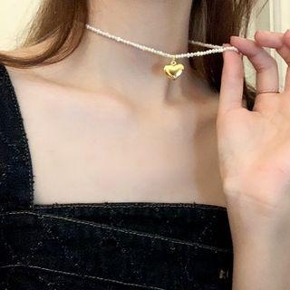 Heart Pendant Faux-pearl Necklace Gold - One Size