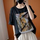 Elbow-sleeve Abstract Print T-shirt