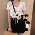 Drawstring Print Blouse / Plain Loose-fit Shorts Skirt