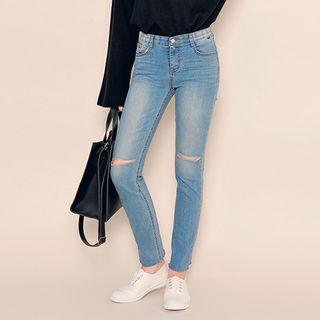 Hidden Band-waist Slit-knee Skinny Jeans