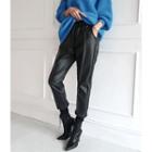 Seam-trim Faux-leather Jogger Pants Black - One Size
