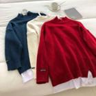 Mock Two-piece Distressed Panel Crewneck Long-sleeve Sweater
