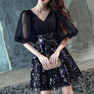 Elbow-sleeve Sequined Panel Mini Prom Dress