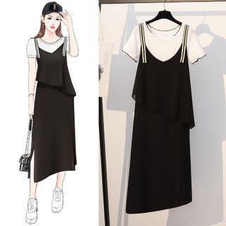 Set: Short-sleeve Contrast Trim T-shirt + Midi Overall Dress