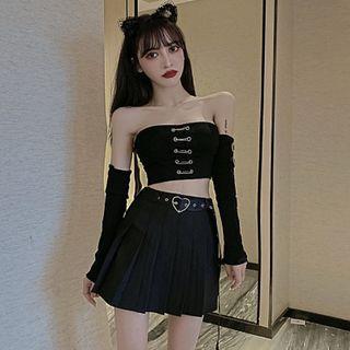 Safety Pin Cropped Tube Top / Pleated Mini A-line Skirt With Belt / Arm Sleeves