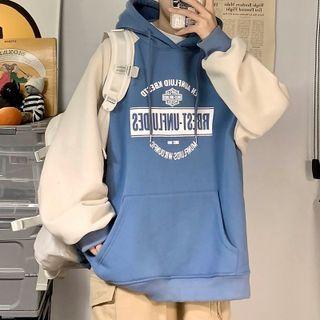 Lettering Print Two Tone Hoodie
