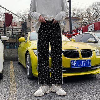 Happy Face Print Wide Leg Drawstring Pants