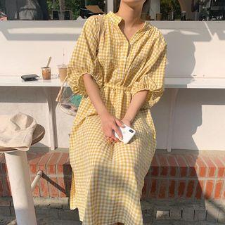 Plaid Short-sleeve Midi A-line Dress Bright Yellow - One Size