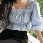 Balloon-sleeve Shirred Cropped Blouse Blue - One Size