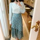 Plain Blouse / Floral Print Midi Mermaid Skirt