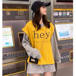 Set: Lettering Cap-sleeve T-shirt + Crew-neck Long-sleeve T-shirt
