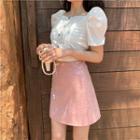 Square-neck Puff-sleeve Cropped Blouse / Glittered Skirt