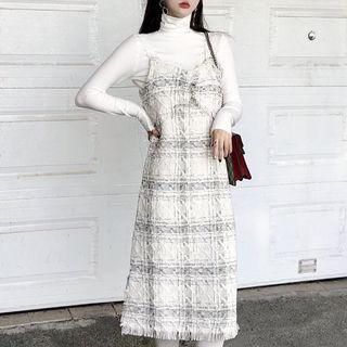 Long-sleeve Turtleneck T-shirt / Spaghetti-strap Midi Tweed Dress