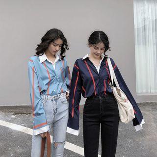 Contrast-trim Striped Blouse Blue - One Size