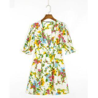 Short-sleeve V-neck Floral Shirt Dress