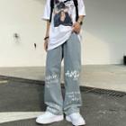 Couple Matching Letter Print Straight Leg Jeans