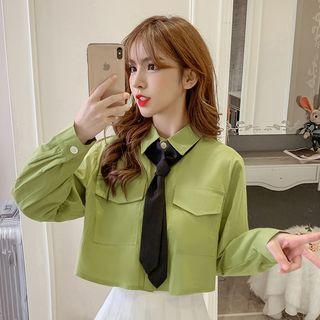 Long-sleeve Tie Neck Cargo Shirt