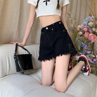 High Waist Lace-up Distressed Denim Shorts