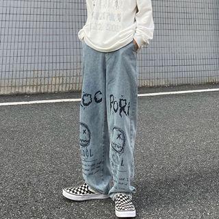Smiley Print Washed Straight Leg Jeans