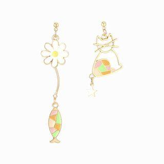 Non-matching Glaze Flower Cat & Fish Dangle Earring