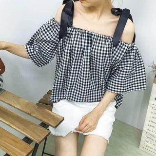 Cold-shoulder Plaid Blouse Plaid - Black & White - One Size