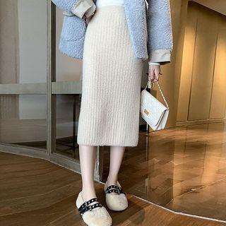 Faux Fur Straight-fit Ribbed Midi Skirt