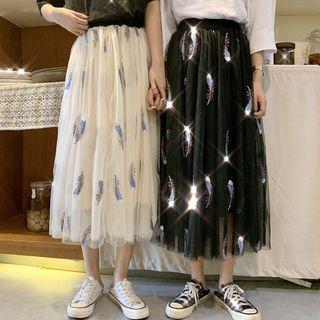 Feather Patterned Mesh Overlay Midi Skirt