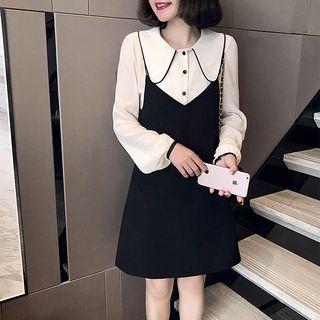 Set: Peter Pan Collar Blouse + Spaghetti Strap Dress Dress - Black - One Size / Blouse - Almond - One Size