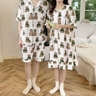 Couple Matching Elbow-sleeve Bear Print Shirt / Lounge Shorts / Sleep Dress / Set