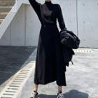 Mock-neck Long-sleeve A-line Knit Dress Black - One Size