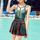 Set: Contrast Trim Swimsuit + Flower Print Swim Skirt
