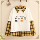 Inset Gingham Shirt Cat Print Sweatshirt